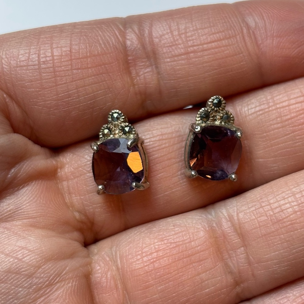 Vintage .925 Sterling Silver Studs with Faceted Purple Stones and Marcasite, GUC